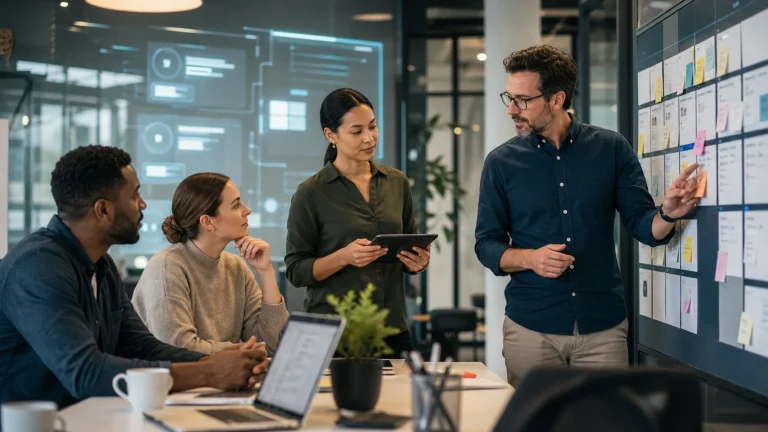 A marketing team discusses workflow boundaries with AI-assisted signals nearby