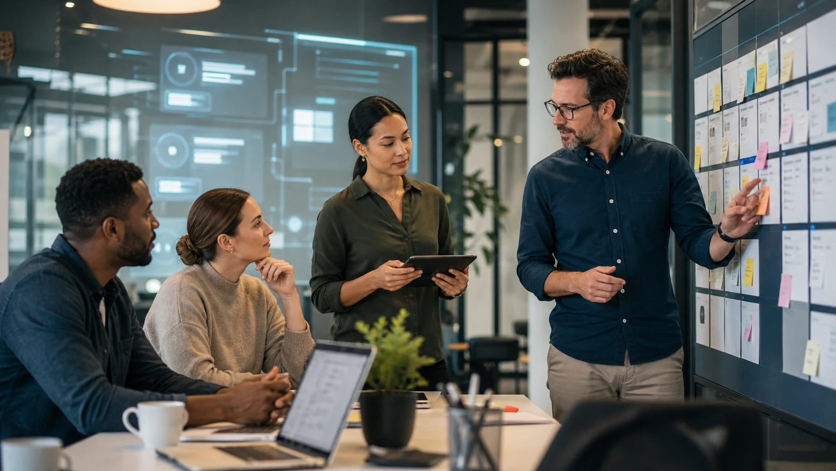 A marketing team discusses workflow boundaries with AI-assisted signals nearby