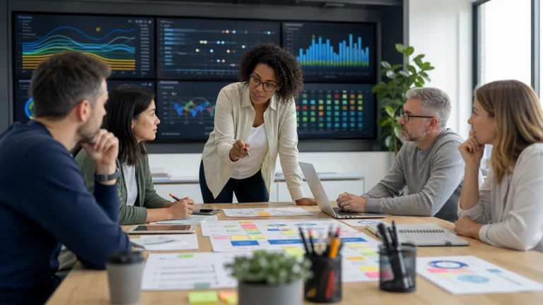 A marketing team reviews campaign flow metrics and customer outcome data